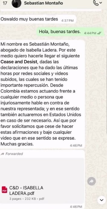 Influencer muestra cómo lo contactaron por WhatsApp. (Instagram: @oswaldovillalob_)