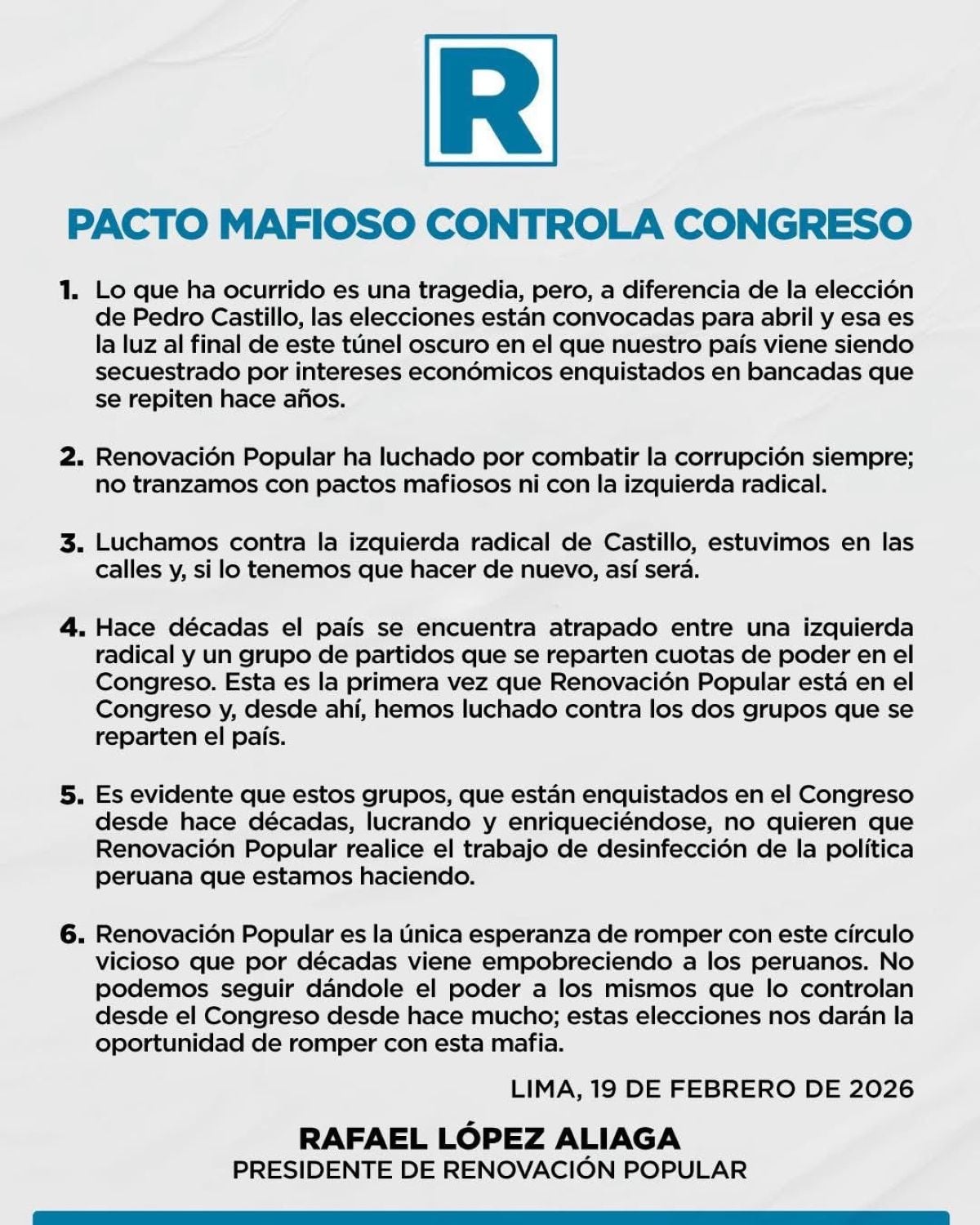 Comunicado de Renovación Popular. Foto: X.