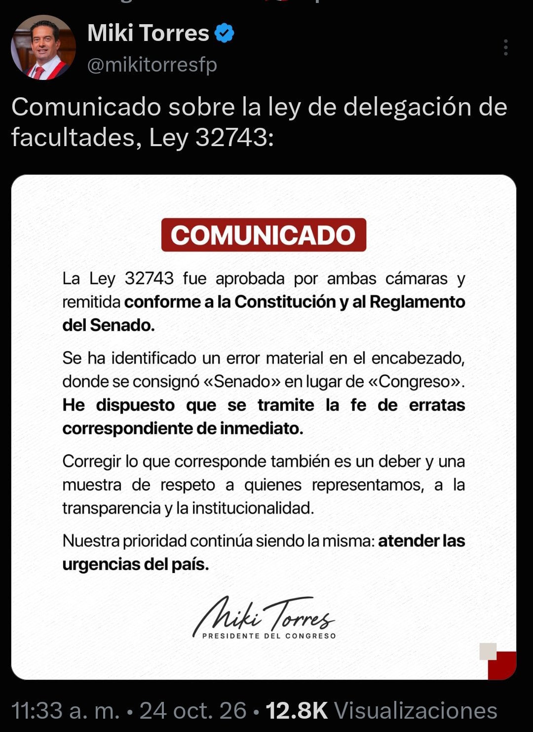 Comunicado del presidente de la Cámara del Senado Miki Torres.