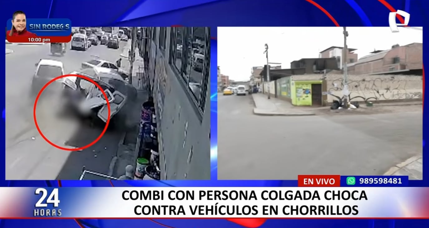 Combi con sujeto colgado impacta contra mototaxi en la avenida Túpac Amaru en Chorrillos.