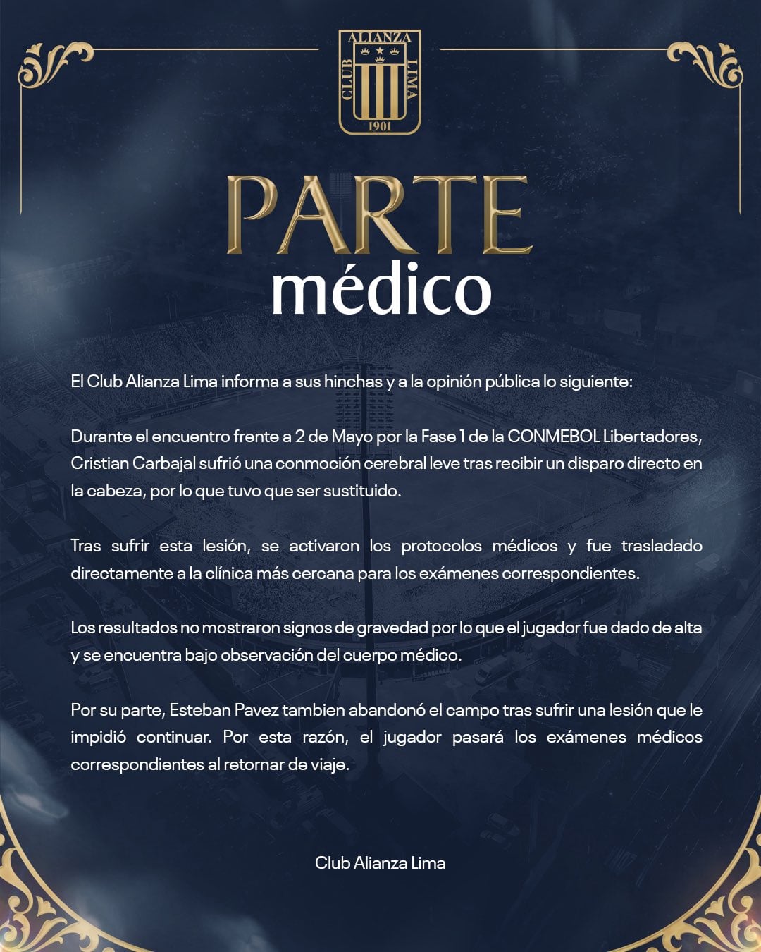 Parte médico de Alianza Lima con los detalles de las lesiones de ambos jugadores.