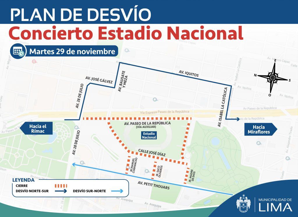 Conoce el plan de desvío para el concierto de HOY en el Estadio Nacional. Foto: MML