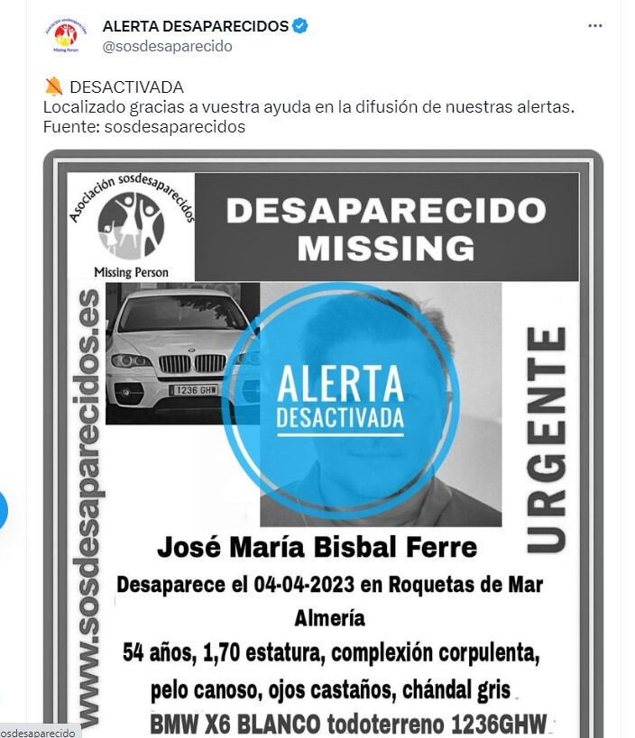 Tras encontrarlo se desactivó la alerta de desaparecidos (Foto: Alerta desaparecidos/Twitter)