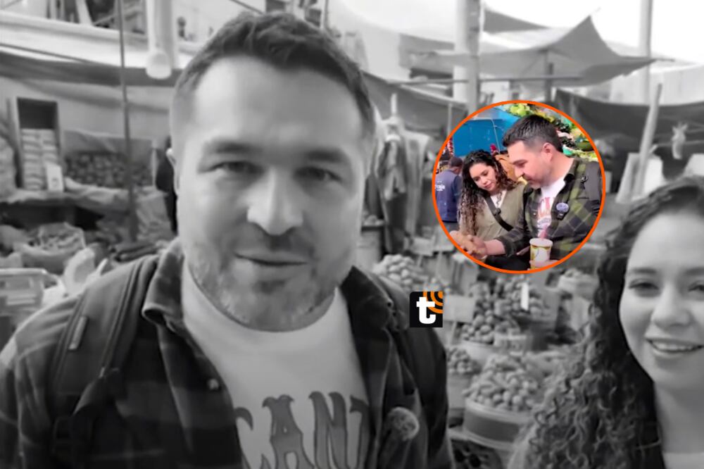 Vendedora increpa a Giacomo Bocchio por tocar un tubérculo de su puesto en el mercado de Arequipa.