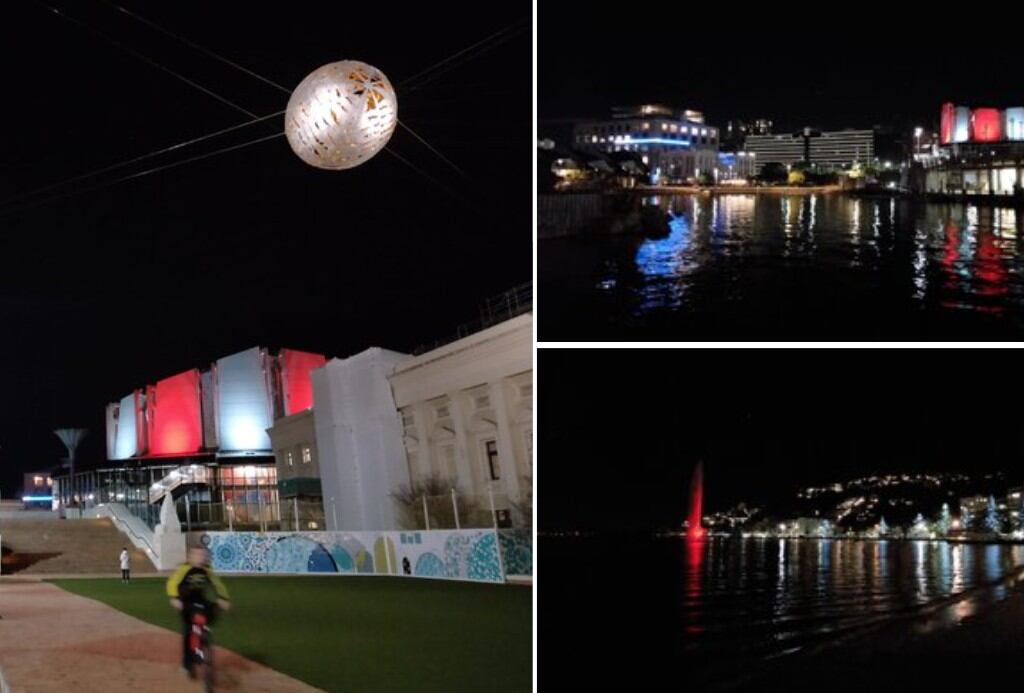 Michael Fowler Centre y Carter Fountain (Nueva Zelanda) iluminados con colores de Perú. (Foto: Twitter | Cancillería del Perú)