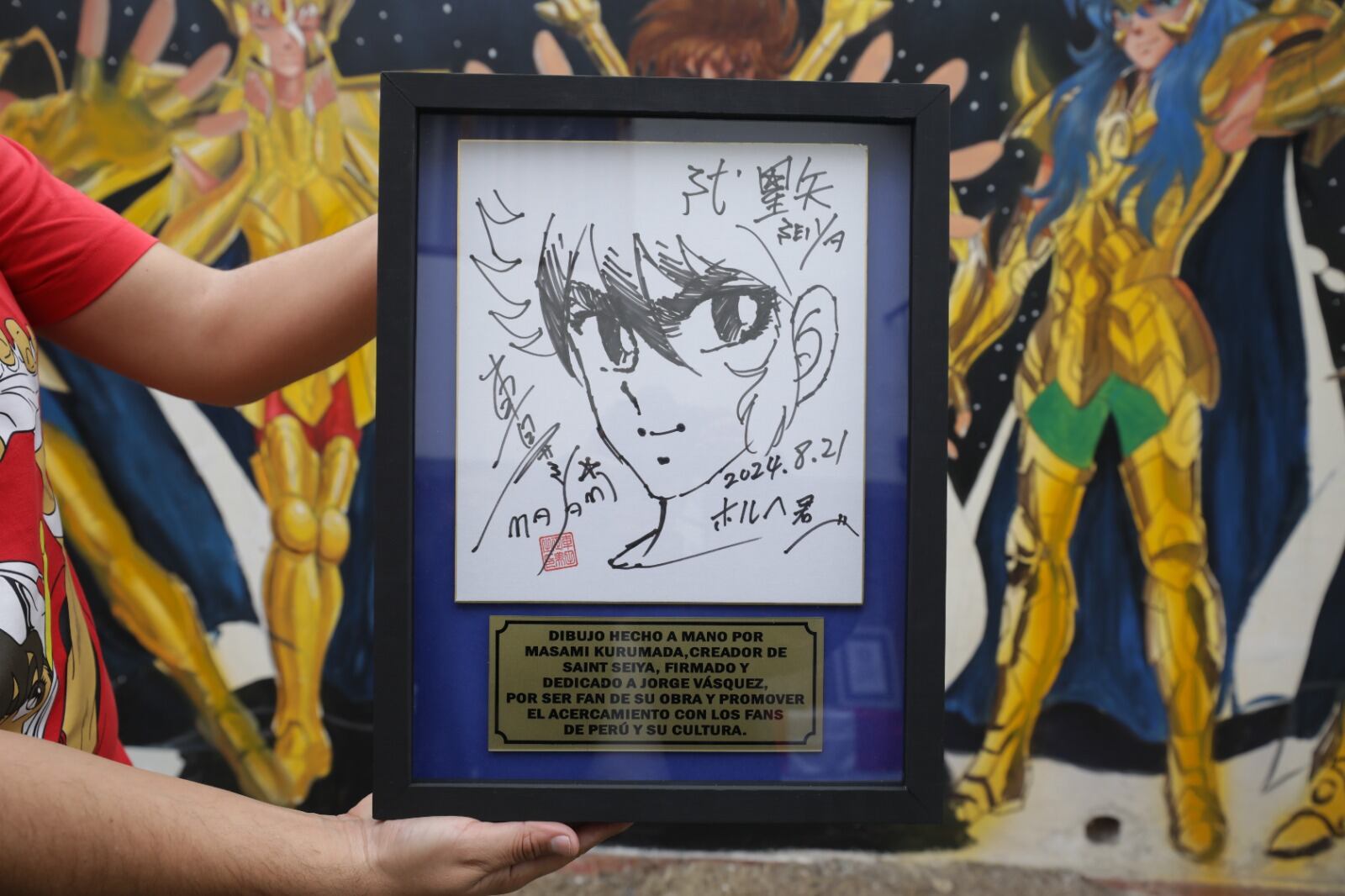 Dibujo hecho a mano por Masami Kurumada, entregado a 'Jorge de Pegaso'. (Foto: Britanie Arroyo)