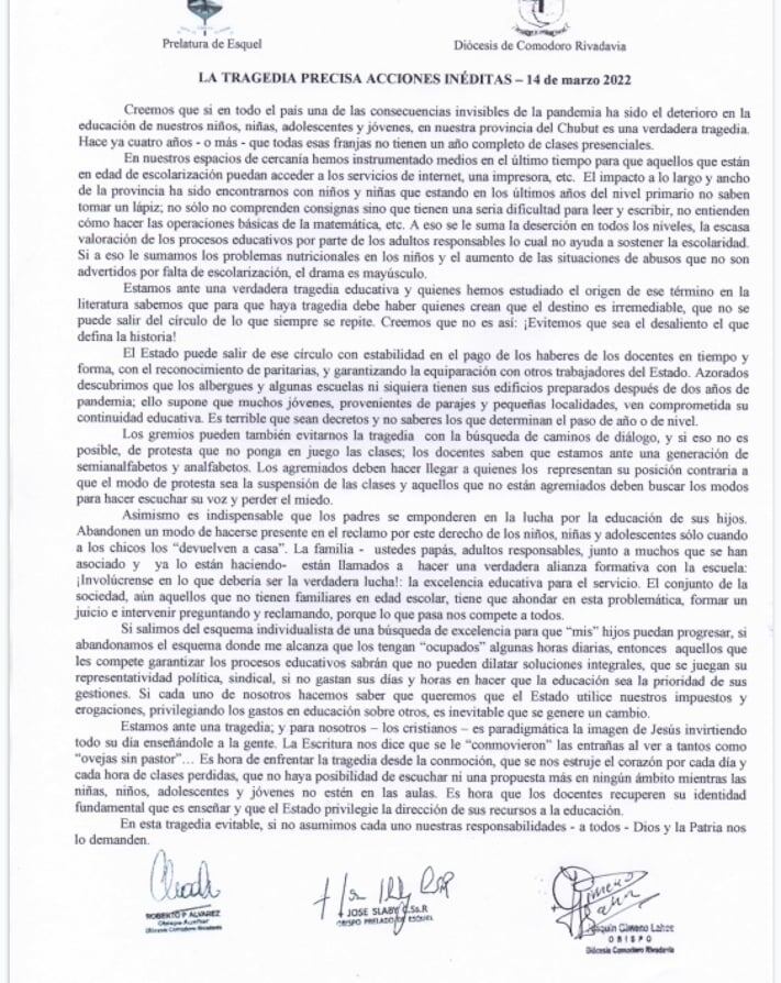 Comunicado de la diócesis de Comodoro Rivadavia. (Foto: Facebook)