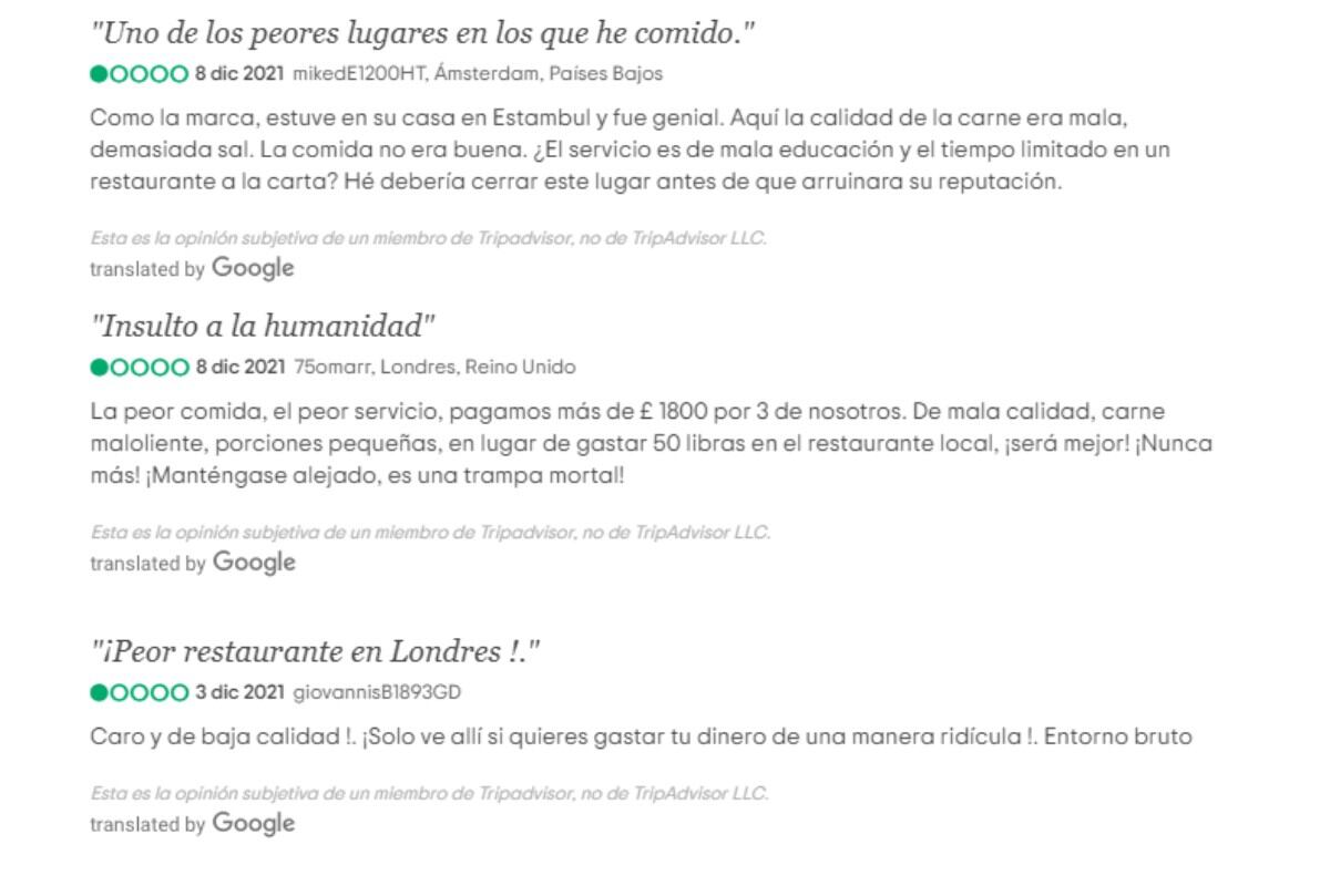 Las reseñas de TripAdvisor al restaurante de Salt Bae en Londres. (Foto: TripAdvisor)