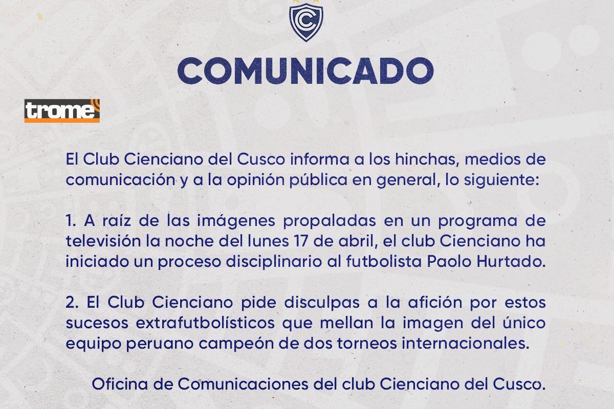 Cieniano se dirigió a sus hinchas sobre caso de Paolo Hurtado (@club_cienciano)