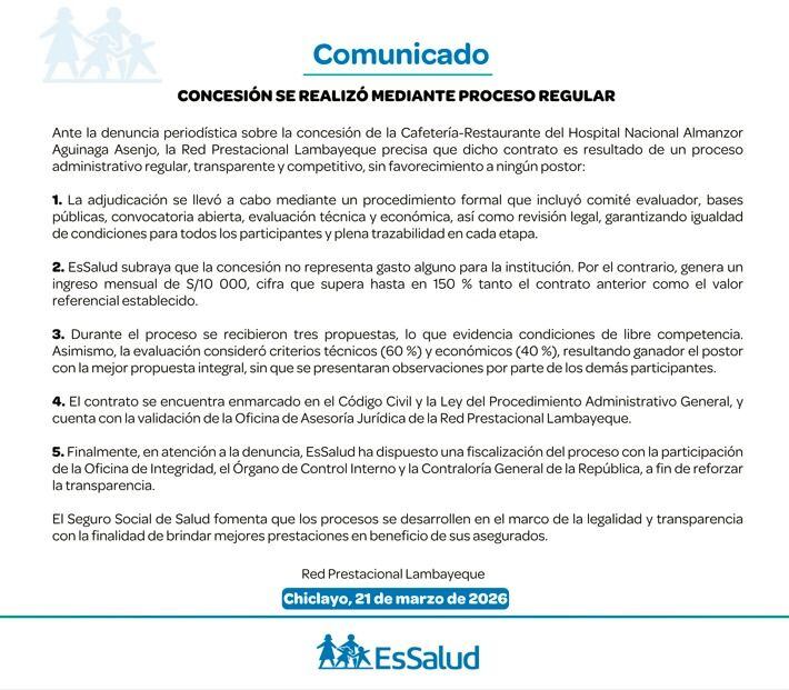 Comunicado Essalud sobre caso de allegados a Brunella Horna.
