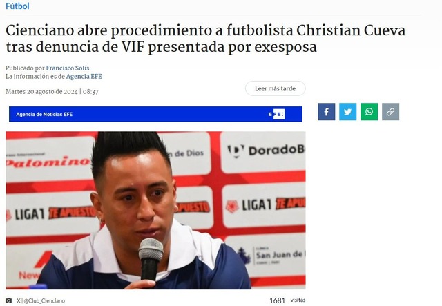 Biobio de Chile: Cienciano abre procedimiento a futbolista Christian Cueva tras denuncia de VIF (violencia intrafamiliarf) presentada por exesposa.