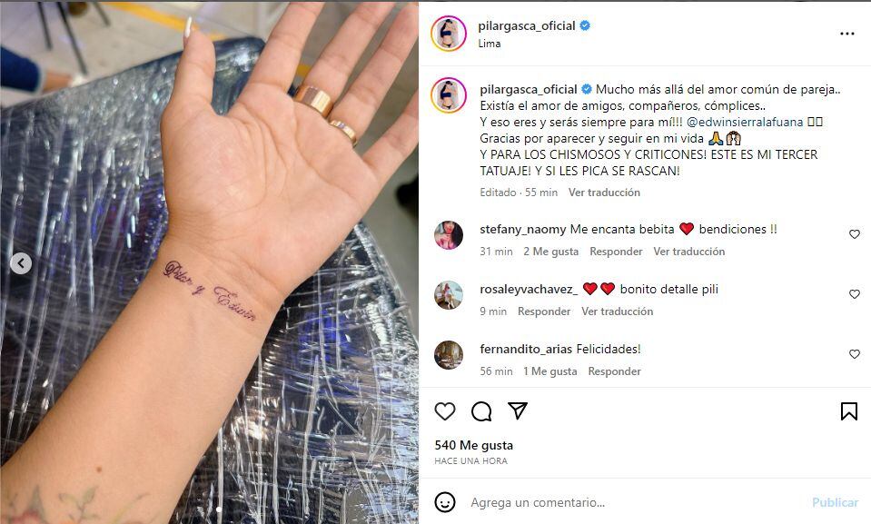 Pilar Gasca se tatuó el nombre de Edwin Sierra en la muñeca. (Foto: Captura)