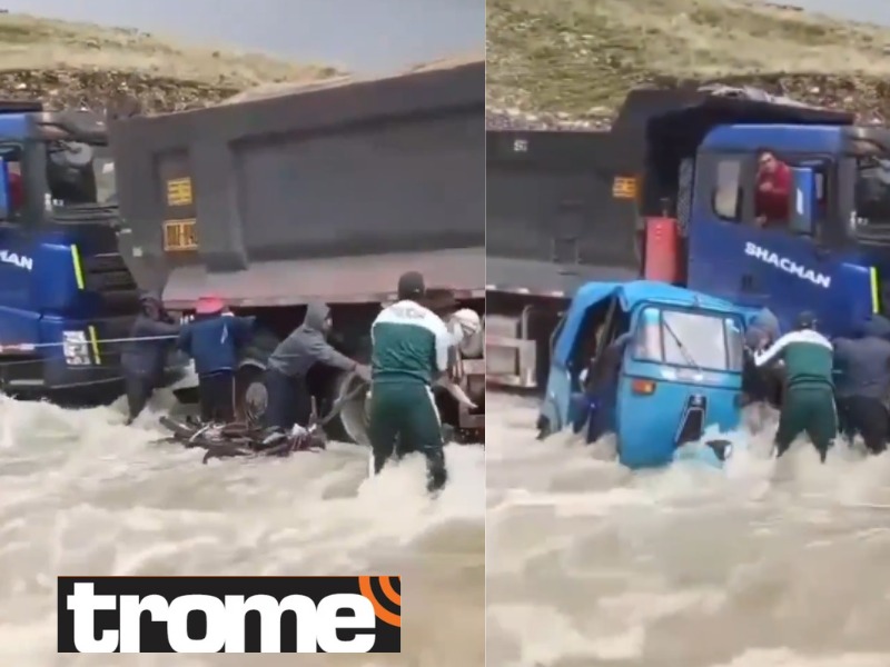 Mismo Superman, un valeroso policía salvó de morir a una familia que había quedado atrapada dentro de una mototaxi y en medio de la crecida de un río, en Andahuaylas.
