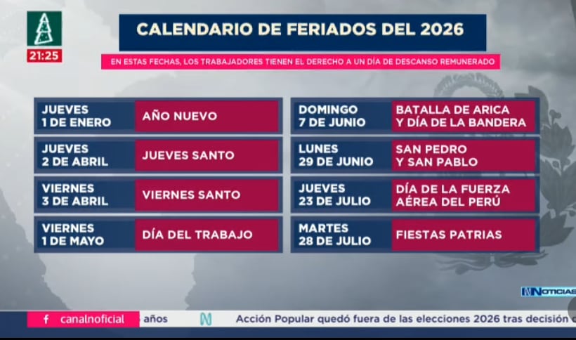Calendario de feriados del 2026.