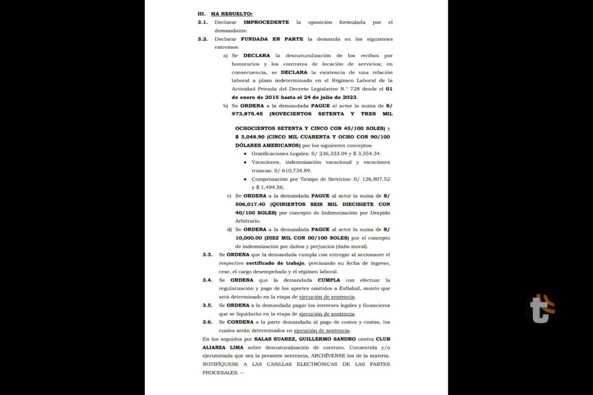 Poder Judicial resolvió a favor de Guillermo Salas en su disputa contra Alianza Lima (@poderjudicial)