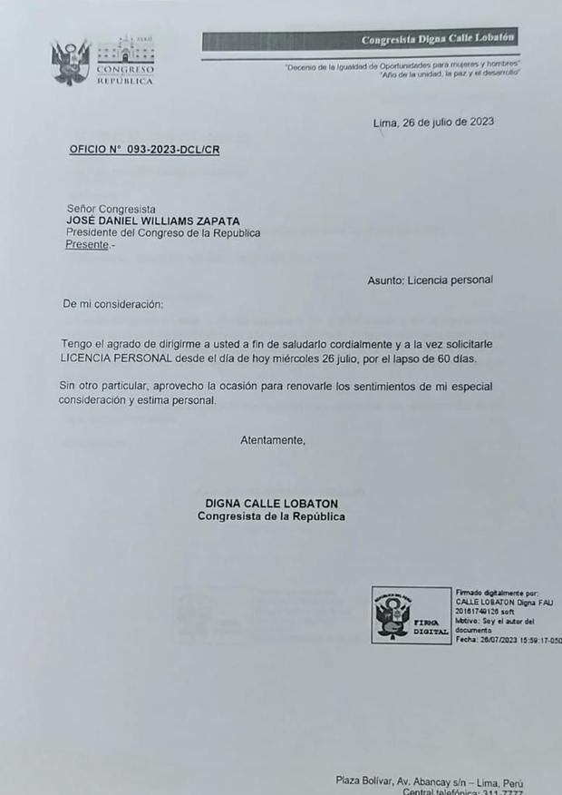 Digna Calle pidió nueva licencia.