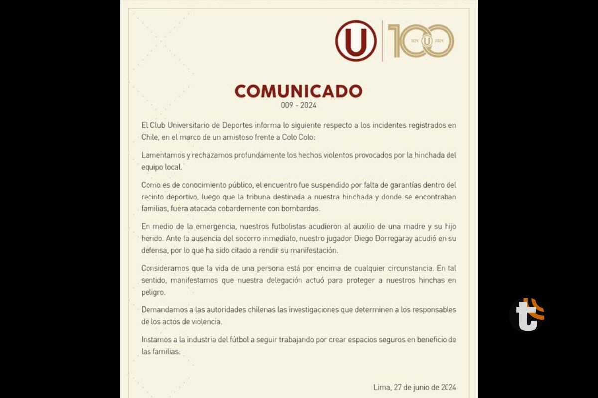 Universitario compartió comunicado tras violencia en Chile (imagen @universitario)