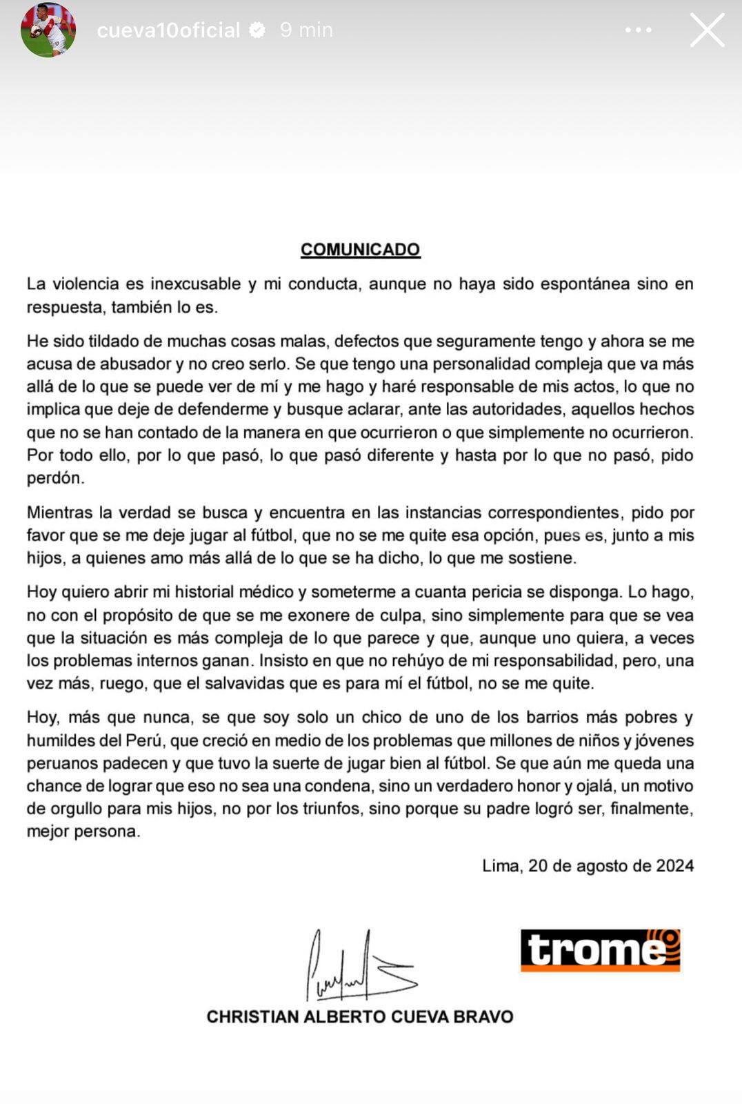 Comunicado de Christian Cueva
