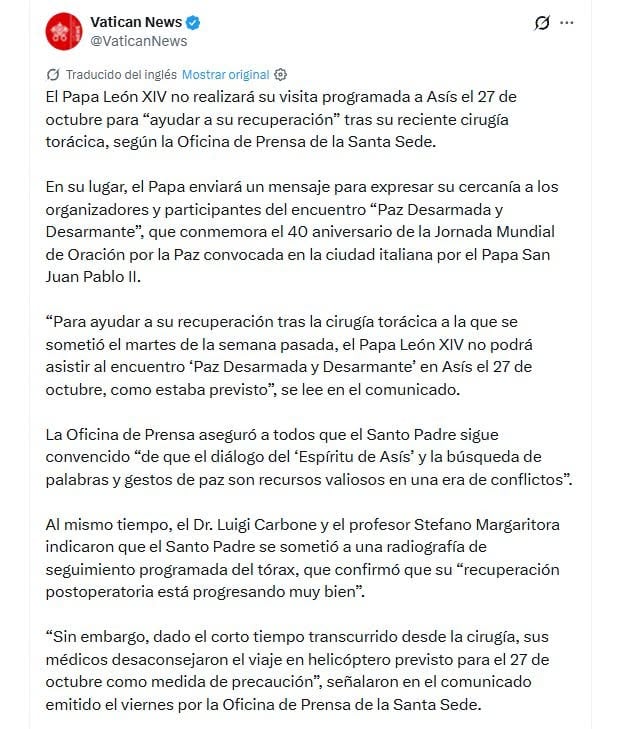 Pese a ello, el pontífice sí enviará un mensaje al encuentro interreligioso.