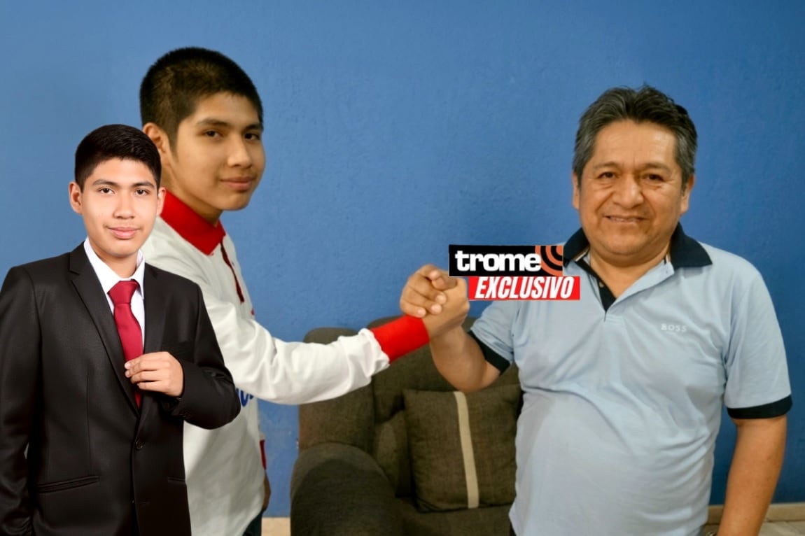 Ángel Hans junto a su padre, Ángel Vilca, ingeniero electrónico. El joven ha decidido seguir Ingeniería de software en la UNI. (Entrevista y foto composición: Isabel Medina / Trome).