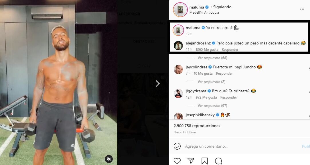 Maluma publica video de su rutina de ejercicios y Alejandro Sanz hizo un ácido comentario. (Foto: @maluma)