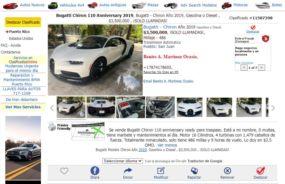 Este es el anuncio de la venta del Bugatti de Bad Bunny. (Foto: @badbunnypr)