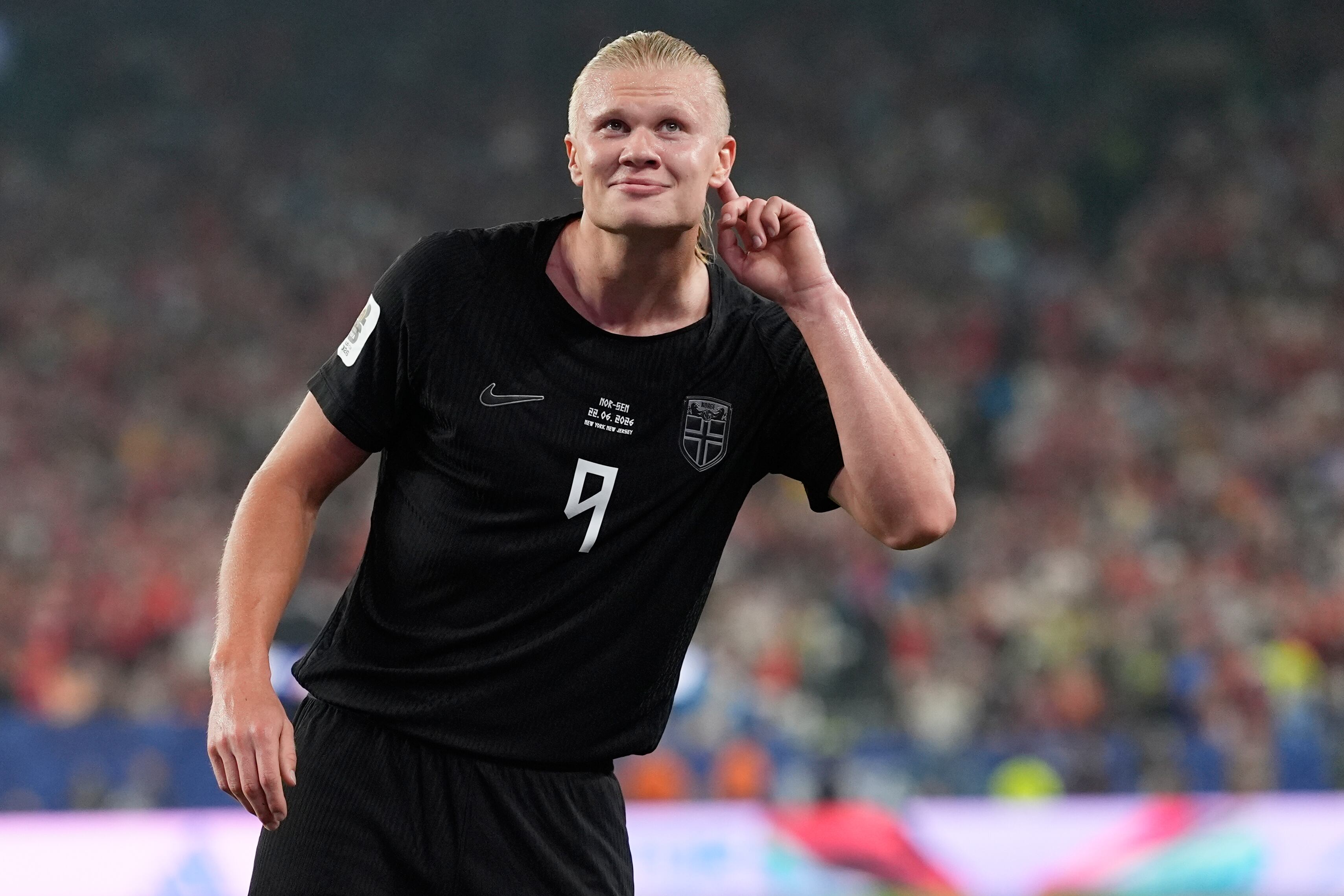 Erling Haaland celebra su doblete ante Senegal. (AP Photo/Steve Luciano)