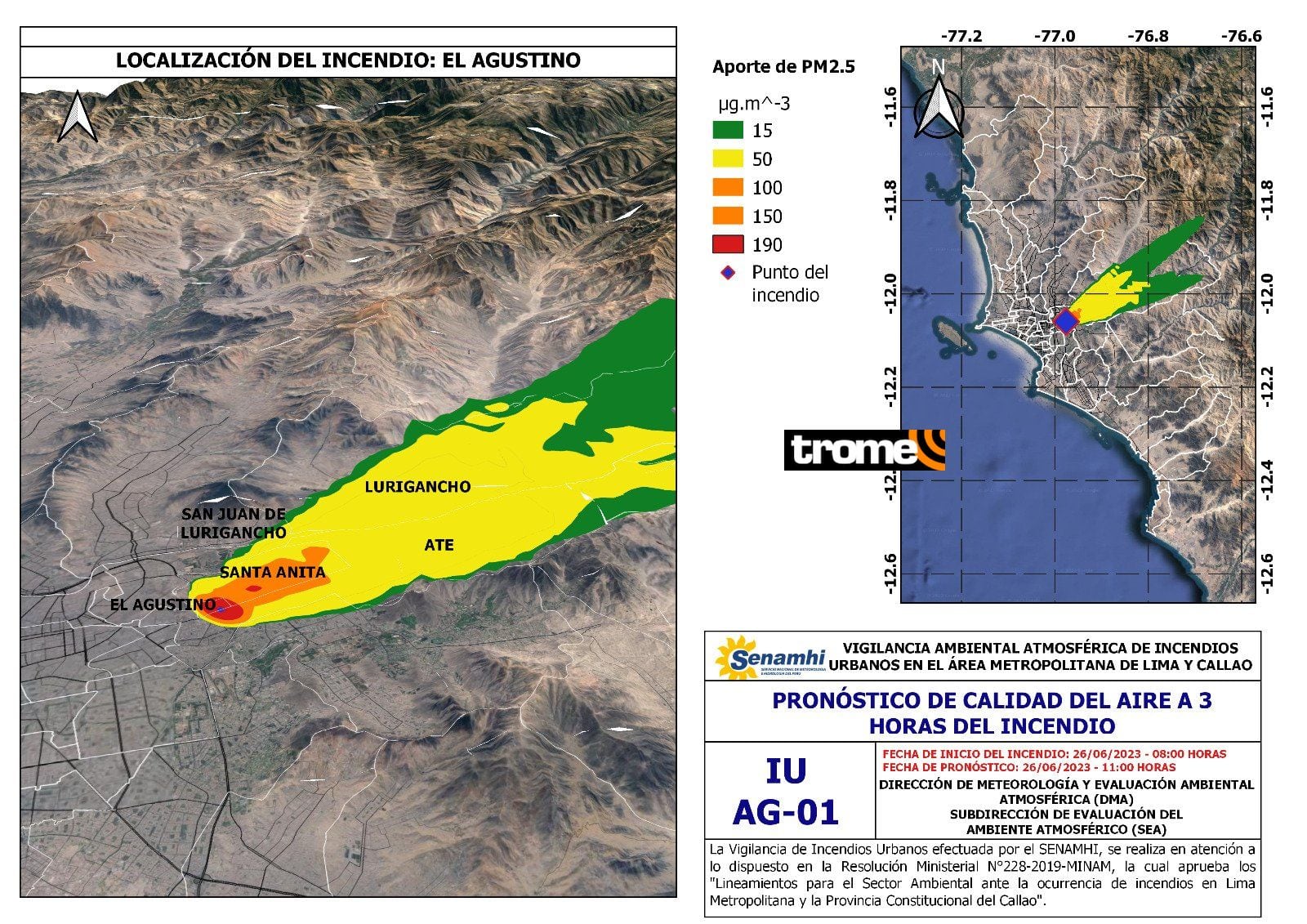 Contaminantes originados por el incendio en El Agustino se extienden a diversos distrito. (Foto: Senamhi)