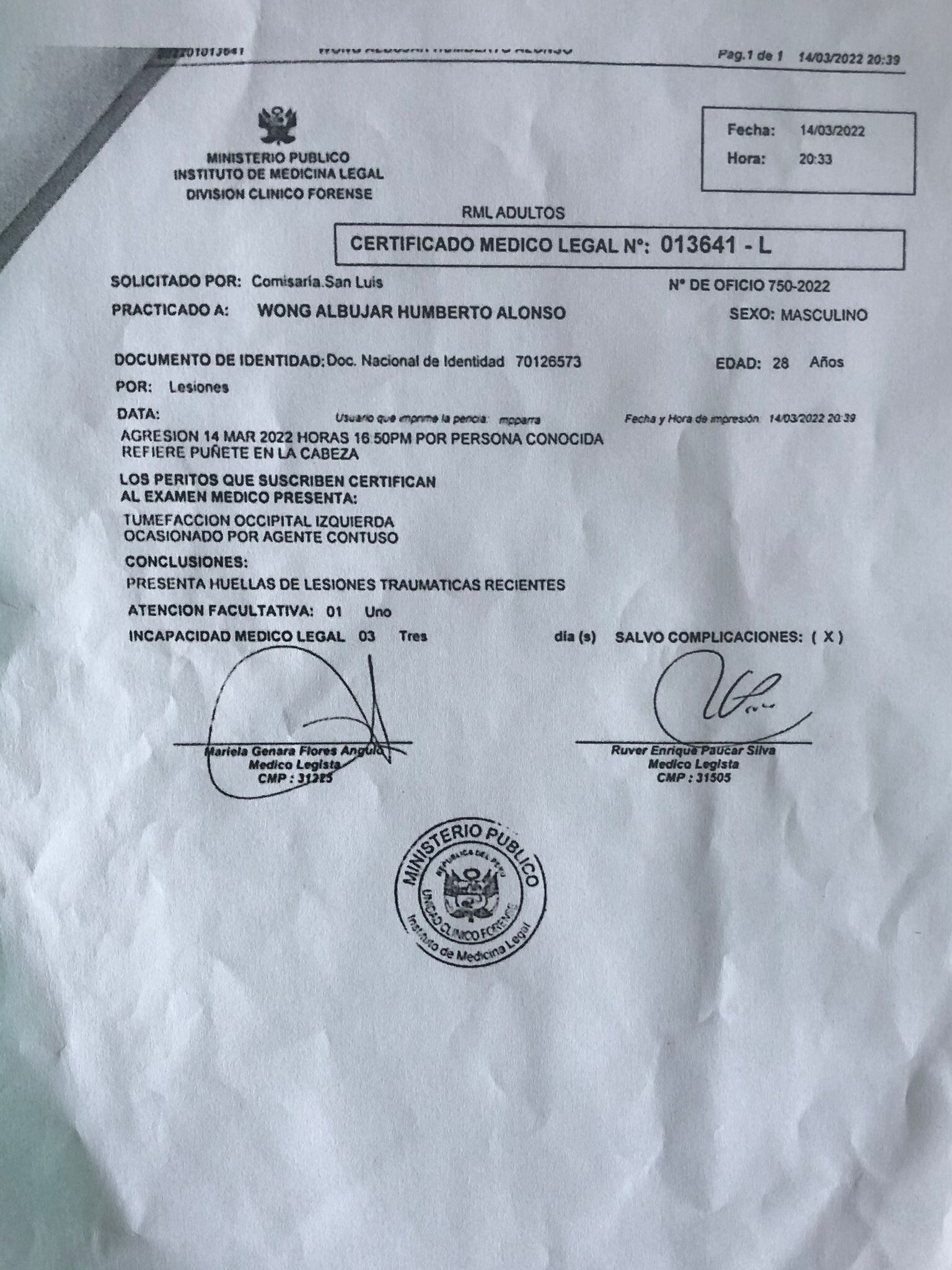 Informe del médico legista confirma que el agredido fue Alonso Wong. Foto: Captura.