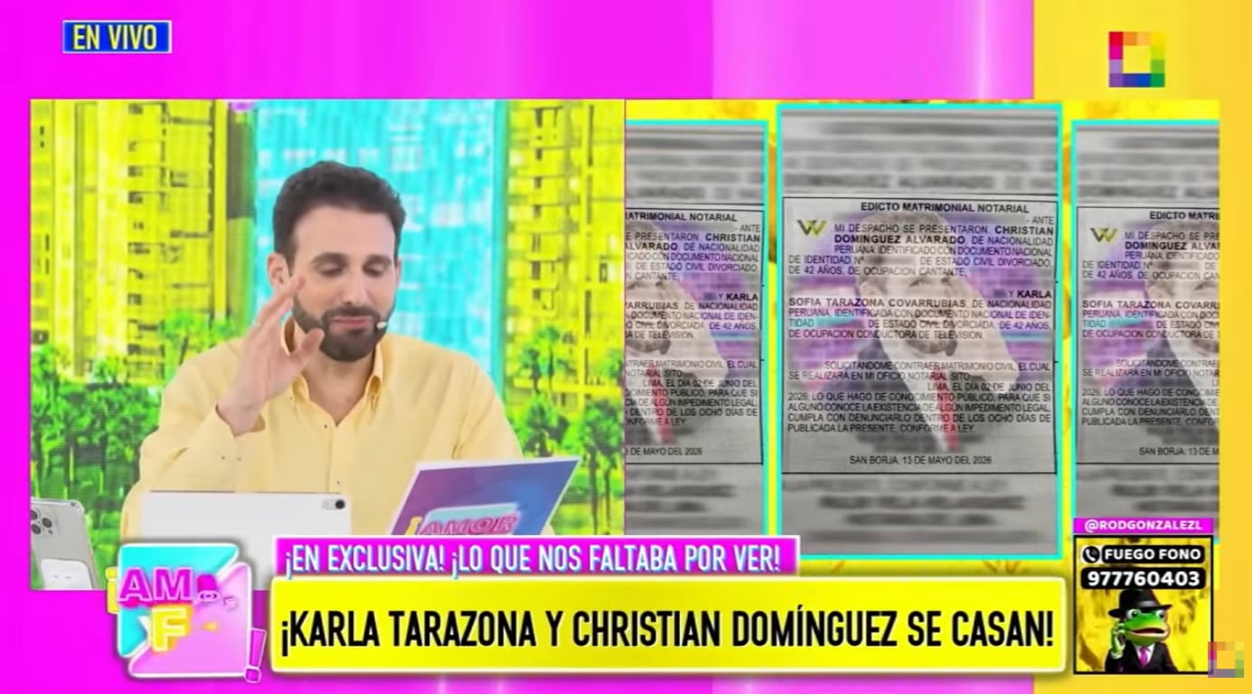 Christian Domínguez y Karla Tarazona se casarán este 2 de junio del 2026, según Edicto Matrimonial Notarial.