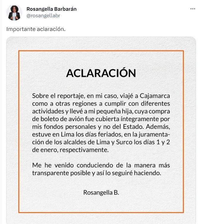 Comunicado de Rosangella Barbarán. (Foto: @rosangellabr / Twitter)
