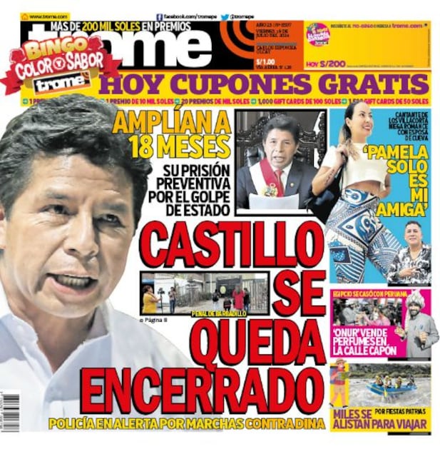 Portada impresa de Trome del viernes 19 de julio de 2024