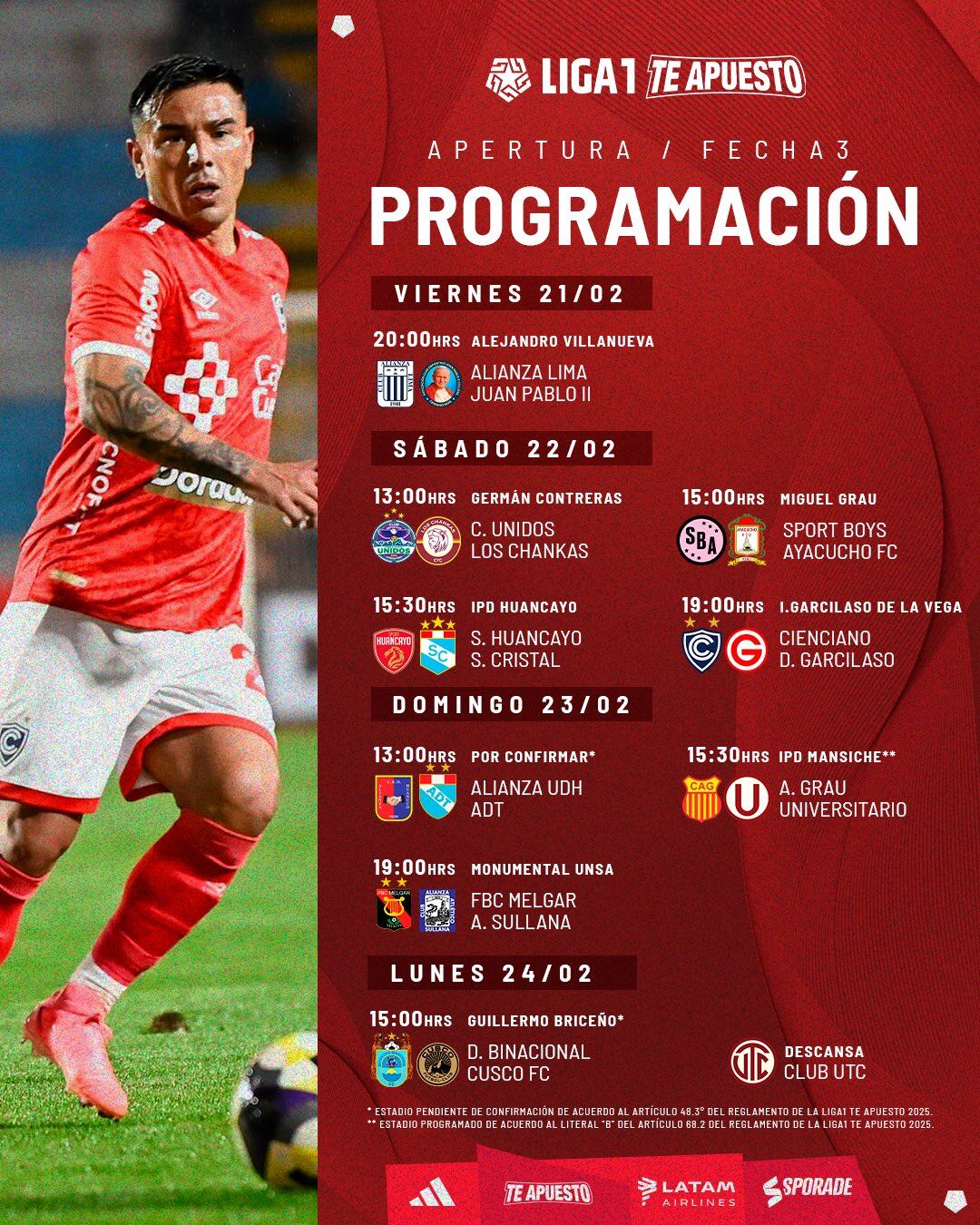 La programación de la fecha 3 del Torneo Apertura 2025. (Imagen: Liga 1)