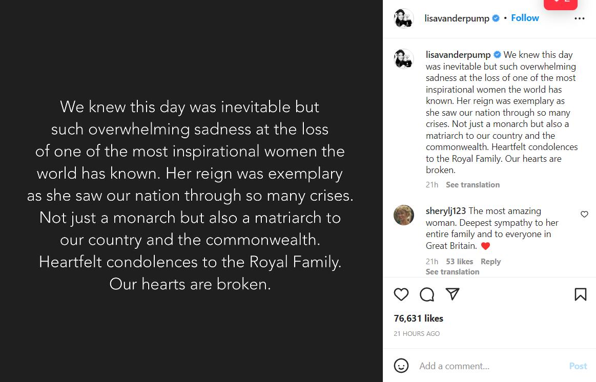 Lisa Vanderpump lamentó la pérdida de la monarca Isabel II. (IG: @lisavanderpump)