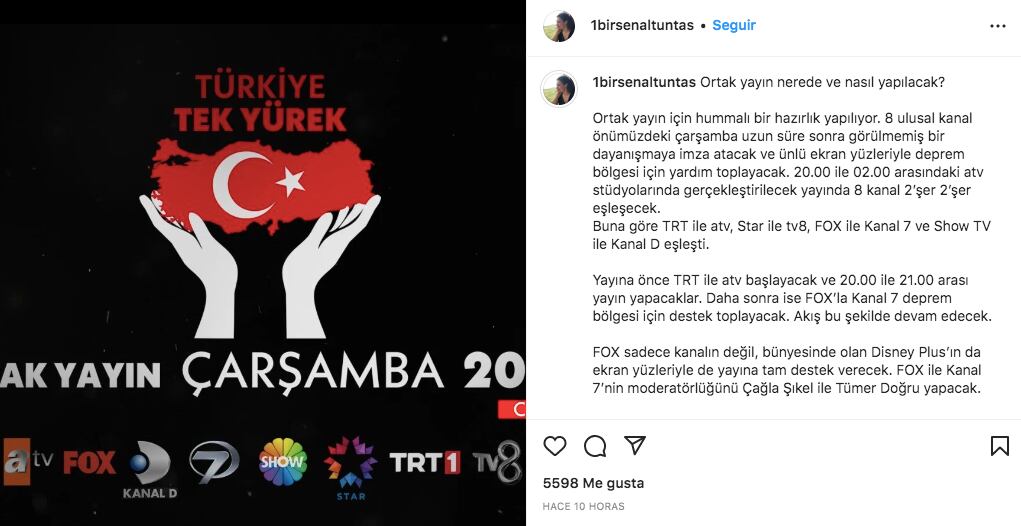 Captura de pantalla del anuncio de la transmisión conjunta de los canales turcos (Foto: Bírsen Altuntas/ Instagram)