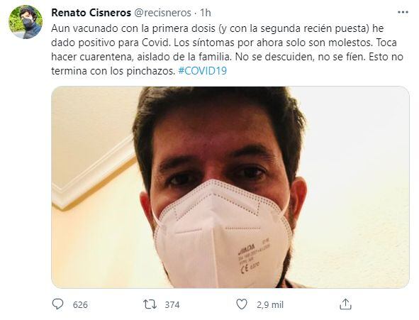 Renato Cisneros dio positivo a Covid-19 a pesar de estar vacunado con las dos dosis. (Foto: Twitter)