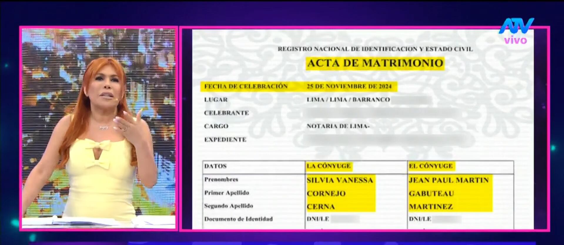 Conductora evidencia el matrimonio de Silvia Cornejo y Jean Paul Gabuteau. (Fuente: ATV)