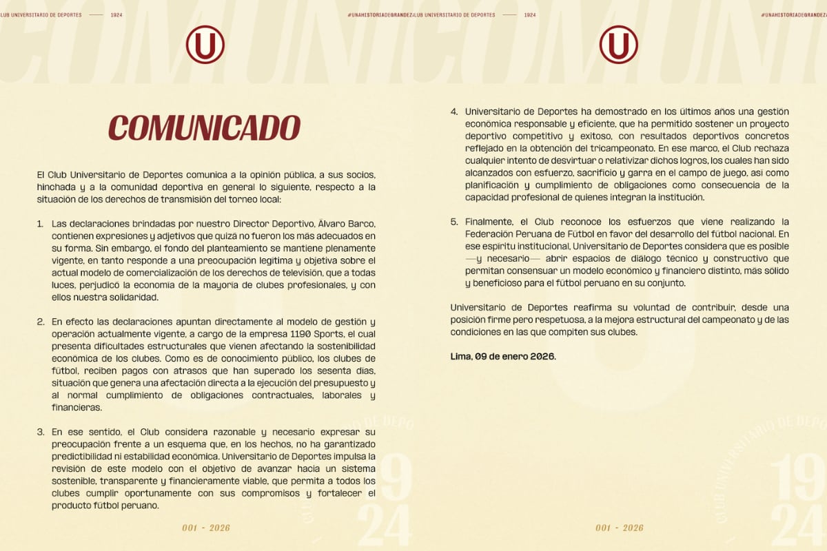 Universitario reiteró en un comunicado su preocupación por modelo de transmisión de 1190 Sports. (gec/ @universitario)