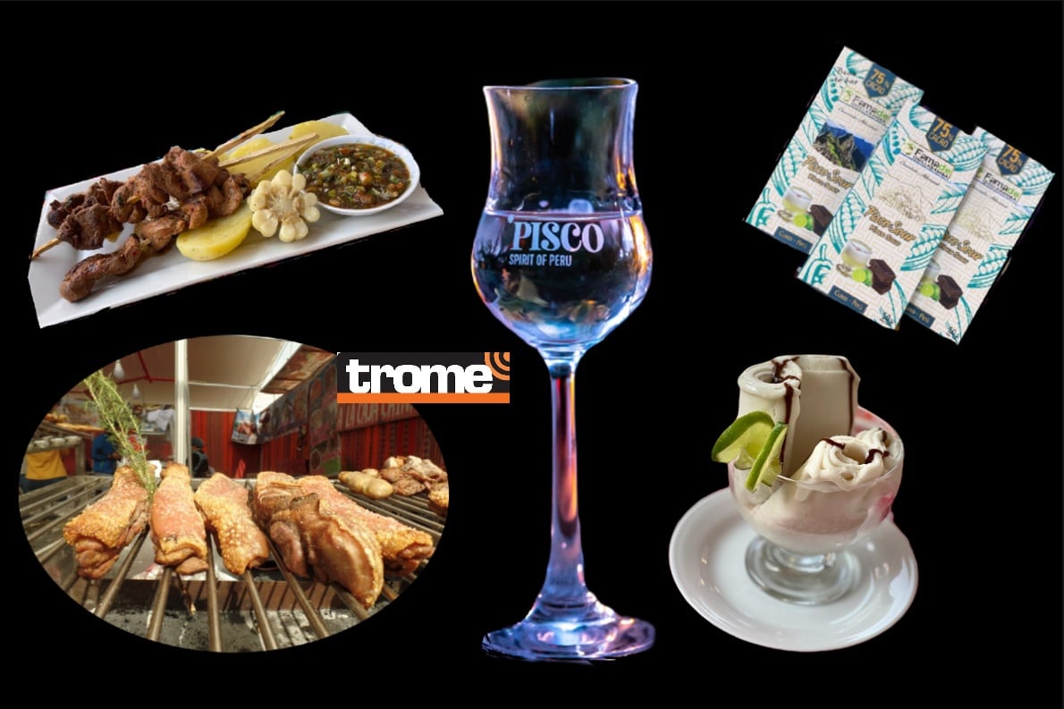 Platos como anticuchos al pisco, chancho al palo macerado con pisco, helado de pisco y chocolates con pisco encontrará en la Feria de la Peruanidad. (Isabel Medina / Compos. Trome).
