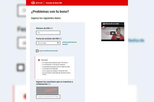 Página oficial del Bono 600. (Foto: Midis)