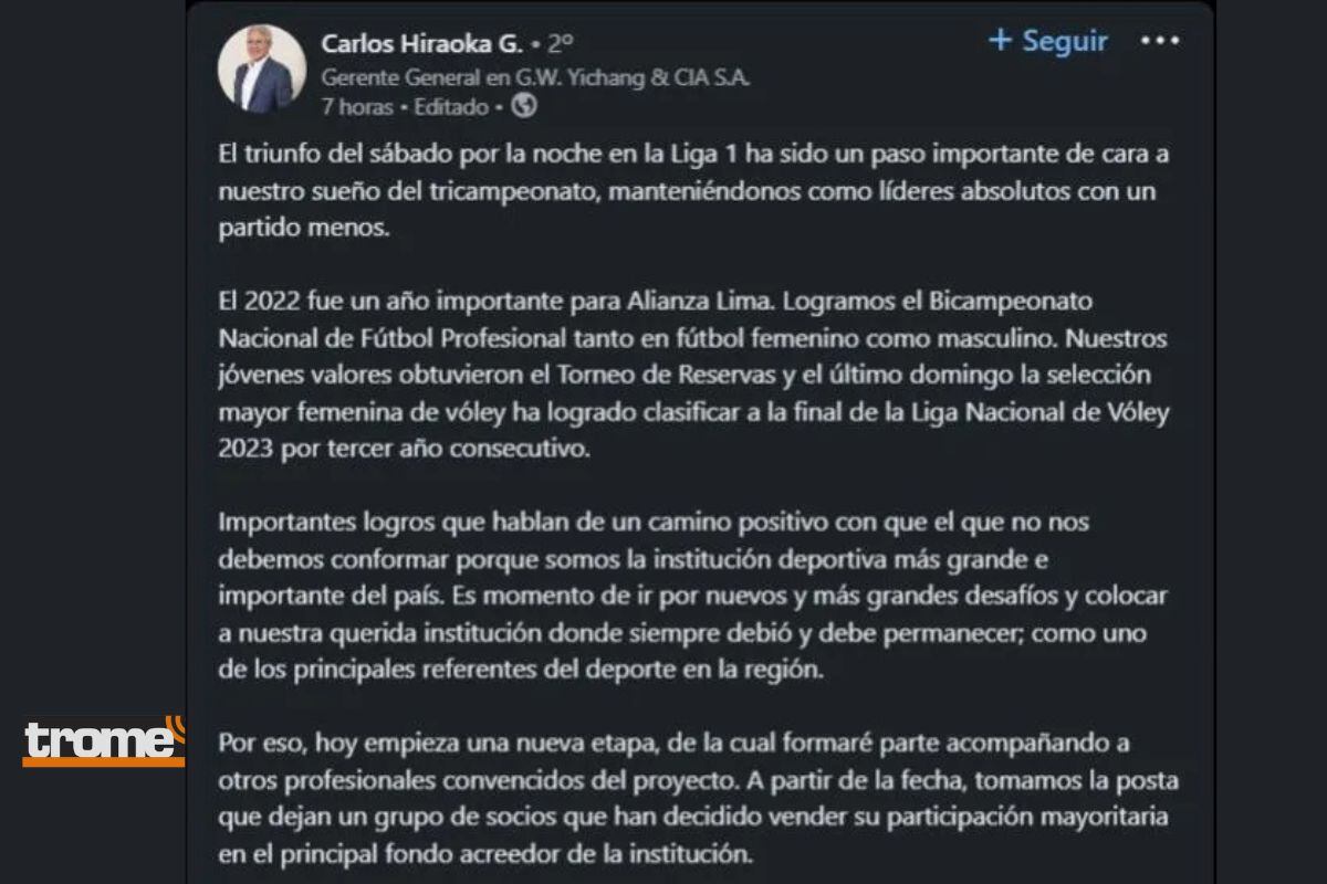 Empresario Carlos Hiraoka confirmó su llegada al Fondo Blanquiazul (@carloshiraoka)