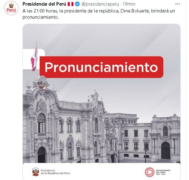Presidenta Dina Boluarte se dirigirá a la Nación esta noche.