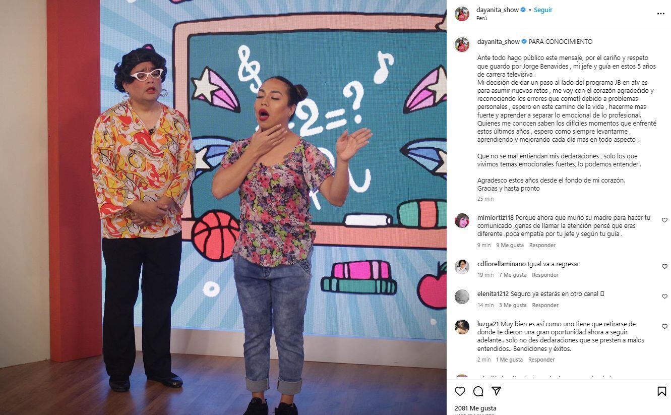 Dayanita anuncia oficialmente su renuncia a JB en ATV