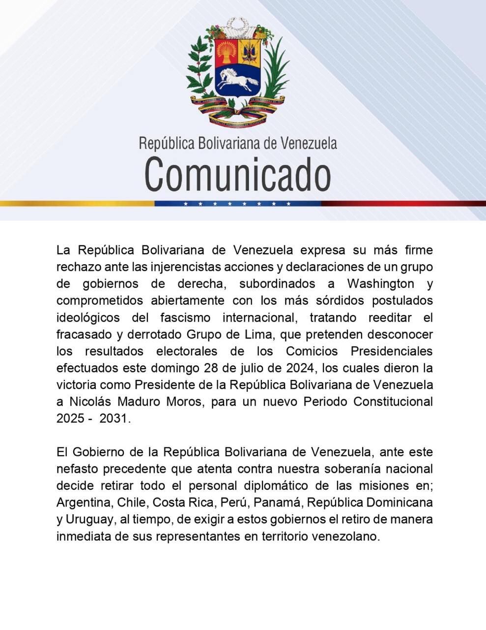 Comunicado de Gobierno de Venezuela