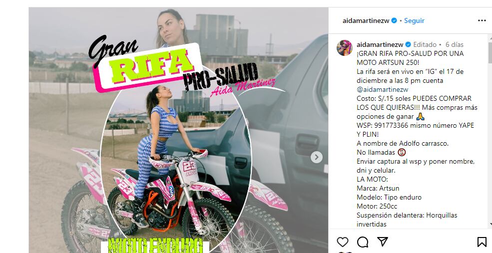 Aída Martínez rifa su moto