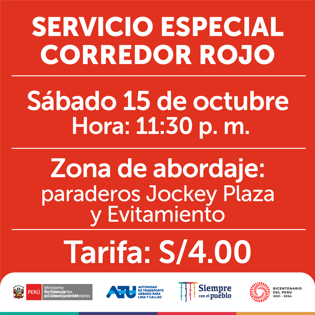 Datos sobre servicio “Zona Bus” del Corredor Rojo para el regreso a asistentes al concierto de Andrés Calamaro.