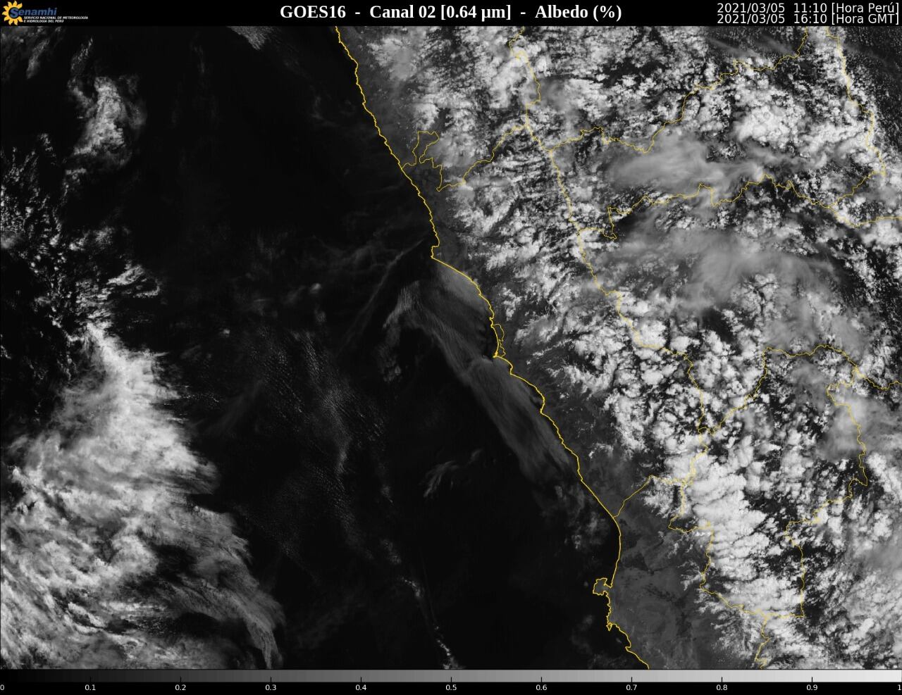 "Esta es la ultima imagen satelital, donde se observa la nube frente a la costa de Lima", indicó Senamhi. (Foto: Senamhi)