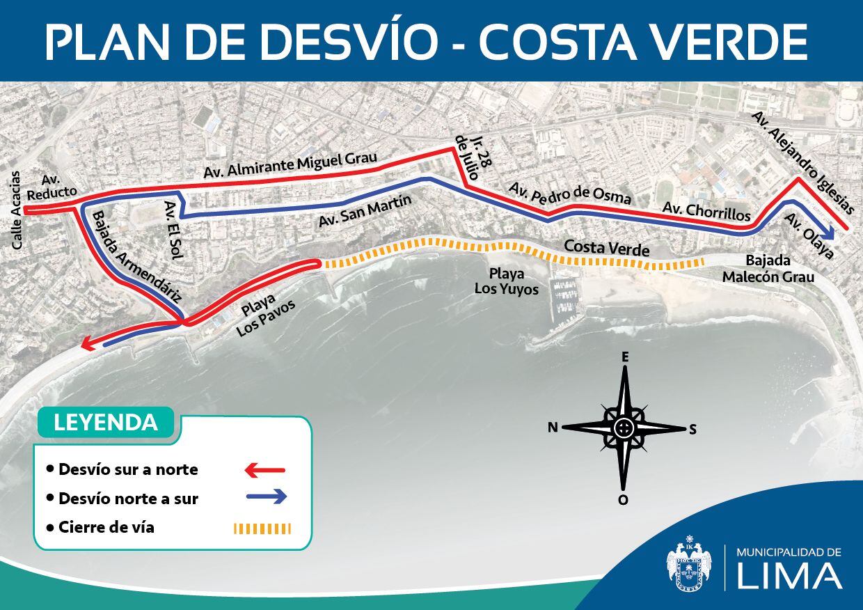 Este es el plan de desvío vehicular en la Costa Verde por el cierre de un tramo. (Foto: Municipalidad de Lima)