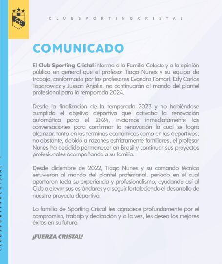 Comunicado de Sporting Cristal anunciando la salida de Tiago Nunes y su equipo de trabajo.