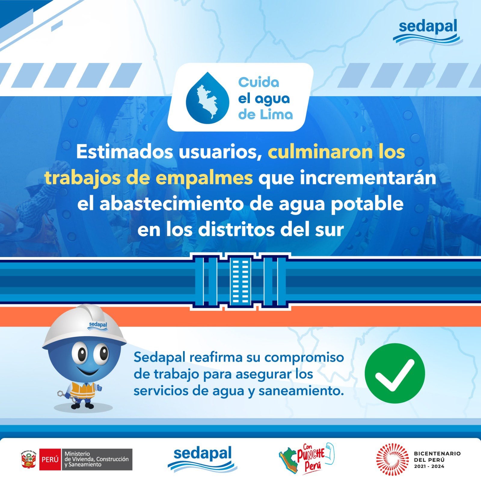 Sedapal anunció que trabajos de empalme ya concluyeron.